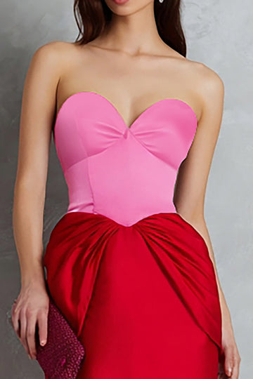 Red and Fuchsia Satin Sweetheart Sheath Midi Formal Dress